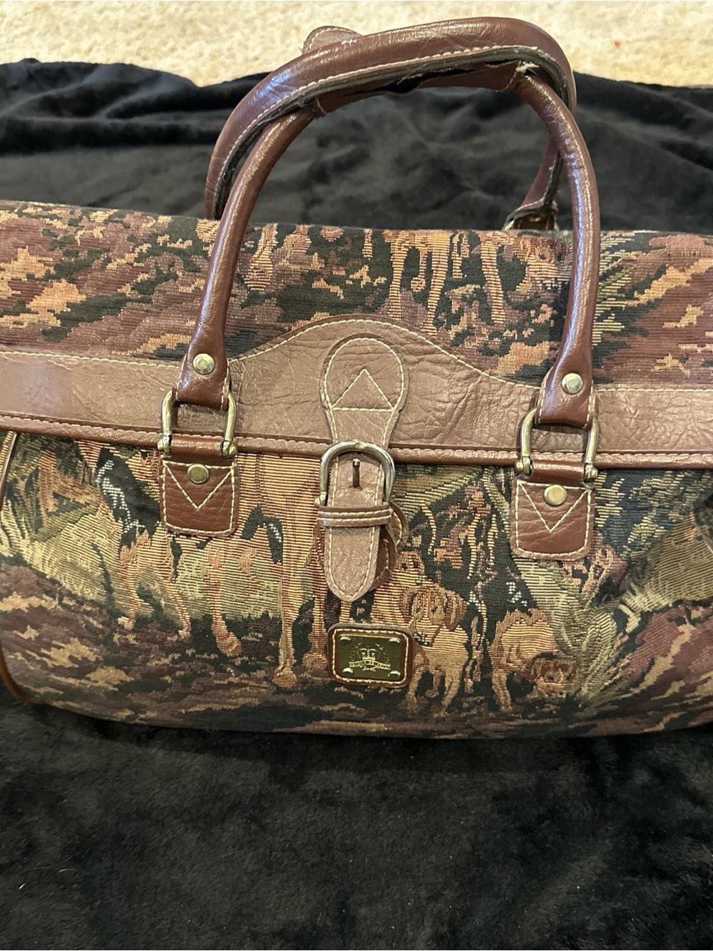 Capezio Brown Tapestry Duffel with Leather Trim Equestrian Hunt Scene